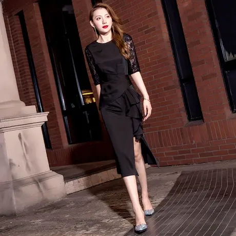 晚礼服女2024新款中袖中长款黑色大气气质宴会晚宴连衣裙平时可穿图片