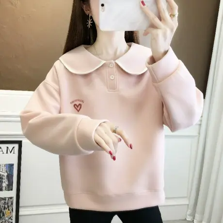 娃娃领卫衣女爱心刺绣2024早春新款宽松显瘦一体绒女装减龄上衣女商品大图