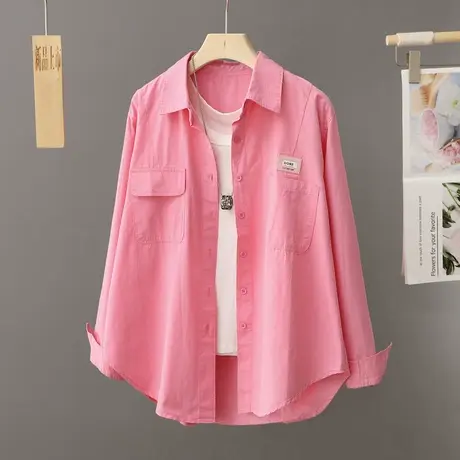 洋气别致玫红色衬衫式外套女宽松休闲上衣春秋季韩版外搭开衫衬衣图片