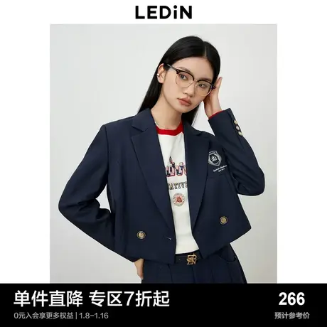 乐町新品胸前学院徽章简约短西装秋季利落翻驳领修肩女西服图片