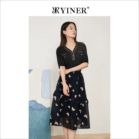 YINER音儿专选女装夏季时尚撞色V领短袖针织衫套头上衣商品大图