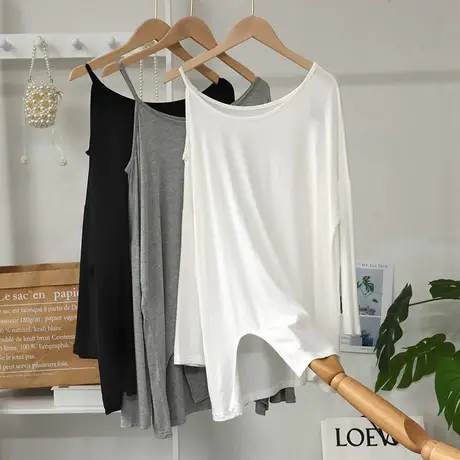 2024年春装新款露肩长袖t恤女莫代尔宽松显瘦慵懒风打底衫上衣潮商品大图