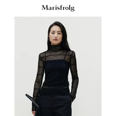 【水波纹提花】玛丝菲尔春季新款黑色镂空高领上衣打底针织衫女图片