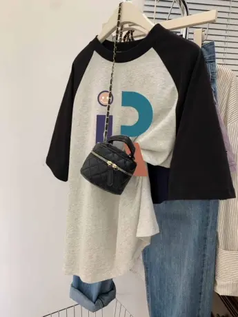 夏季纯棉闺蜜装短袖2024新款插肩袖古着t恤女ins潮大码街头风上衣图片