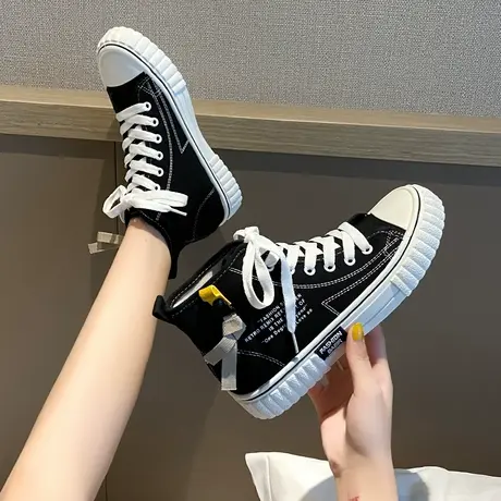 黑色帆布鞋女高帮2022新款夏季复古港味韩版百搭板鞋ulzzang布鞋商品大图