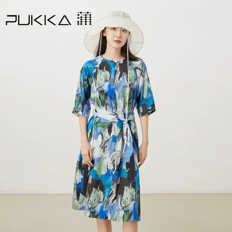 蒲PUKKA 原创设计女装夏新品独家印花宽松收腰圆领短袖连衣裙图片