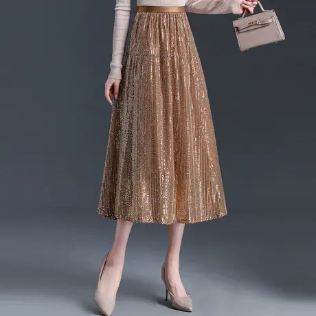 亮片网纱裙女春季2024新款松紧腰垂感显瘦半身裙气质中长款a字裙图片