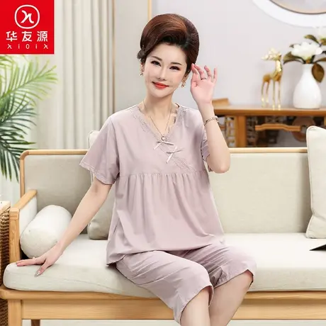 华友源中年妈妈睡衣春夏季莫代尔棉宽松蕾丝短袖长裤家居服套装商品大图