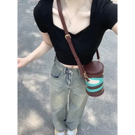 方领露锁骨纯欲风短袖T恤女夏季韩版修身辣妹短款半袖上衣打底衫商品大图