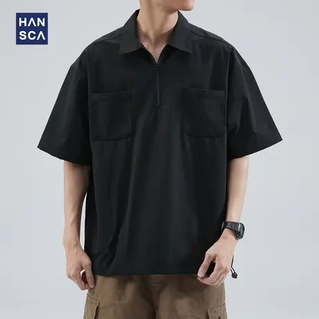 hansca大码短袖男polo衫休闲日系夏季潮牌口袋宽松翻领黑色打底衫商品大图