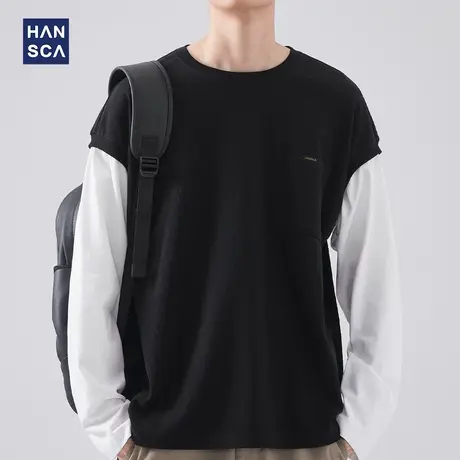 hansca 300g重磅撞色假两件长袖t恤男春季新款宽松休闲内搭打底衫图片