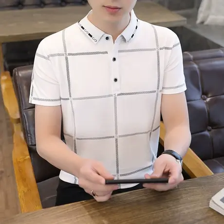 夏季POLO衫男纯棉上衣格子翻领短袖T恤夏装休闲半袖时尚男装汗衫商品大图