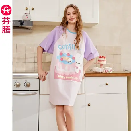 芬腾布朗熊睡裙女夏季纯棉短袖睡衣裙中裙可爱甜美少女大码家居服图片