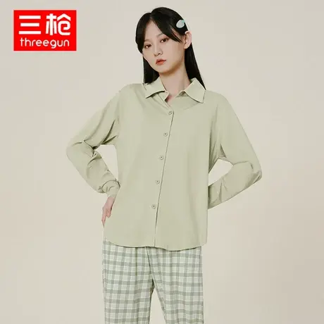 三枪家居服女棉质秋冬舒感棉翻领开襟长袖长裤薄款睡衣睡裤套商品大图