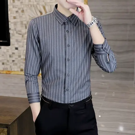 男士高端条纹衬衫秋冬季潮流韩版商务休闲加绒加厚免烫男人衬衣寸商品大图