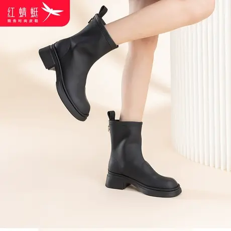 红蜻蜓2023年新款女鞋冬季简约女短靴休闲粗跟时装靴中年妈妈鞋子商品大图