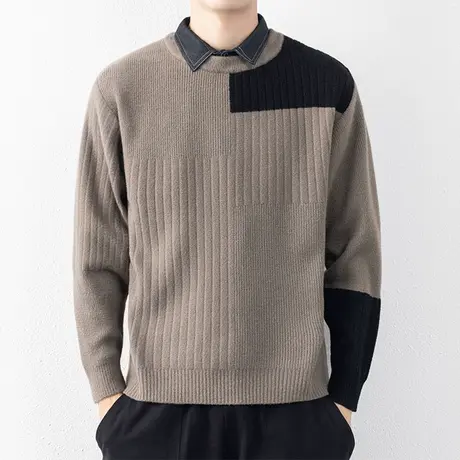 假两件毛衣男士内搭打底针织衫春秋冬季加绒男装加厚衬衫领线衣服商品大图