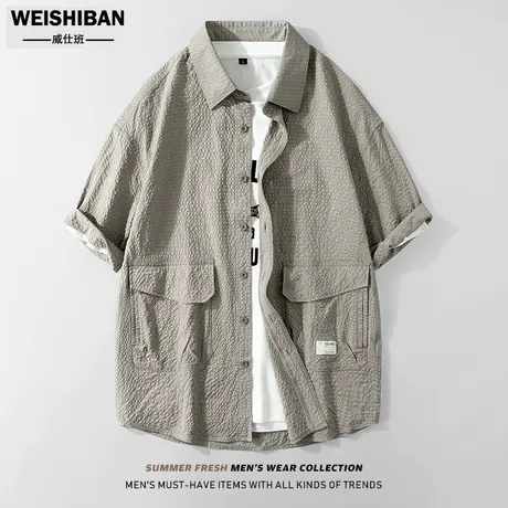 夏季美式复古短袖衬衫男潮流宽松工装外搭衬衣男多袋高弹高街外套商品大图