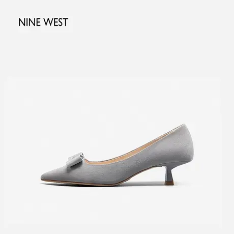 Nine West/玖熙单鞋女绒面2023年秋季新款低跟蝴蝶结优雅小猫跟鞋商品大图