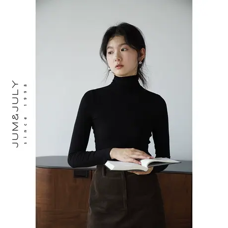 嘉茱莉2023秋季新款堆堆领长袖T恤女短款修身打底衫薄款高领上衣商品大图