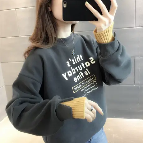 加厚加绒卫衣女士2023年新款秋冬宽松韩版圆领无帽时尚潮ins上衣商品大图