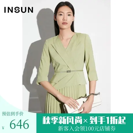 恩裳COVER2023夏款新款腰节小翘摆下摆细褶直身枪驳领西装连衣裙图片