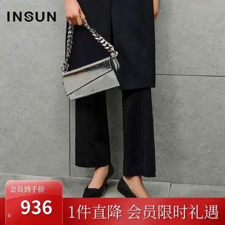 恩裳2023秋季新款三醋酸简约休闲裤脚口开叉抗皱黑色裤子图片