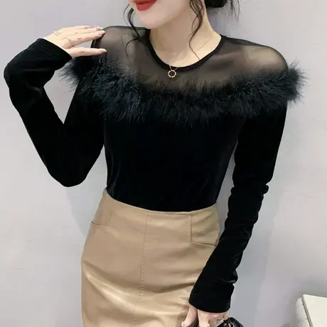 气质丝绒打底衫女长袖性感网纱拼接上衣设计感洋气毛毛T恤春秋ins商品大图