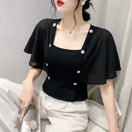 网纱拼接五分袖T恤女2023夏季新款时尚洋气方领小衫设计感上衣潮商品大图