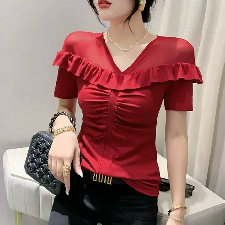 欧货性感V领短袖T恤女气质荷叶边上衣时尚网纱拼接小衫百搭体恤夏商品大图