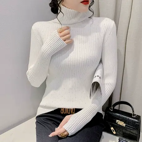2023秋冬新款加厚堆堆高领毛衣女套头烫钻长袖紧身百搭针织打底衫图片