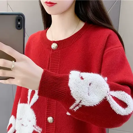 秋装2023年新款圆领短款兔子宽松毛衣开衫女外搭洋气春秋外套外穿图片