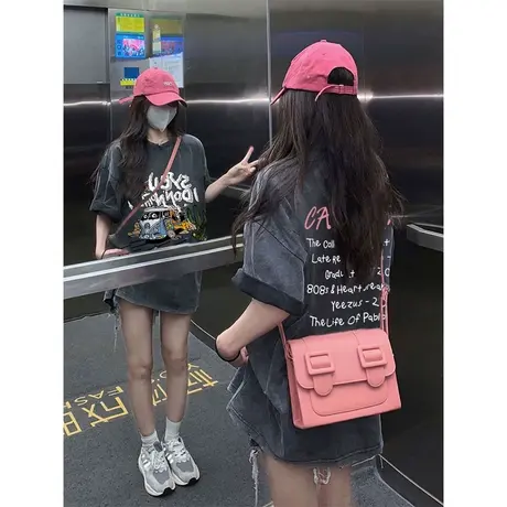 美式复古水洗做旧t恤女2023夏季新款设计感小众中长款遮屁股上衣图片