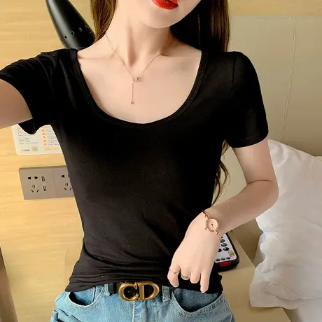 双U领短款露背短袖t恤女ins潮夏季纯棉修身内搭2023新款打底上衣商品大图
