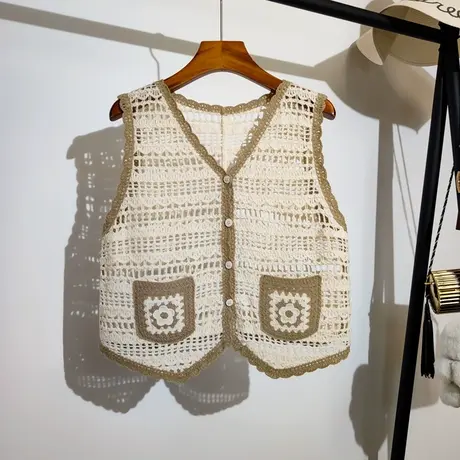 镂空针织背心开衫女夏外穿新款法式复古v领百搭无袖坎肩马甲上衣商品大图