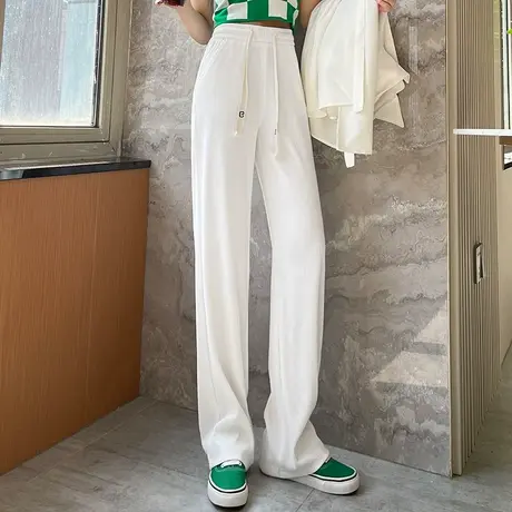 白色休闲运动裤女长裤2022春夏新款高腰显瘦阔腿裤垂感休闲拖地裤商品大图