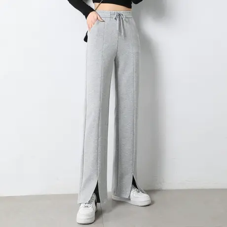 松紧腰直筒裤女2023新款春夏女裤灰色运动裤春季裤子休闲裤阔腿裤商品大图