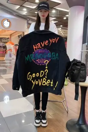 韩版春秋季新款背后手绘涂鸦印花牛仔外套宽松时尚百搭短外套潮牌商品大图