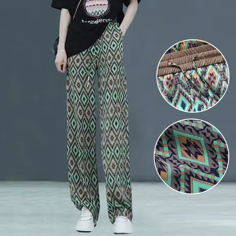 裤子夏季女宽松薄款阔腿裤2023年高腰休闲印花雪纺垂感冰丝裤直筒图片