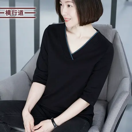 2023秋装黑色v领中年妈妈七分袖打底衫纯棉大码胖MM中袖t恤上衣女商品大图