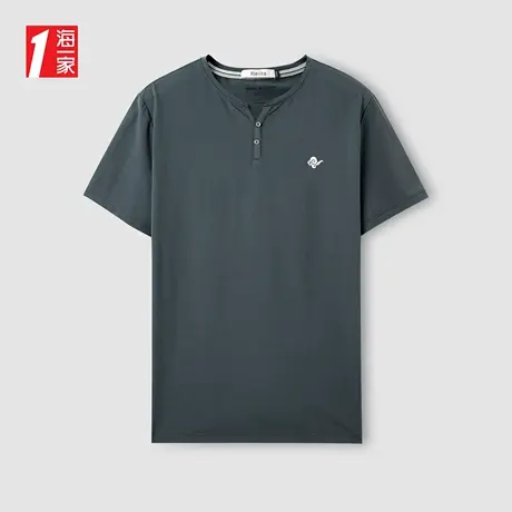 海一家简约中国风绣花短T2023夏季新款纽扣装饰舒适短袖T恤男商品大图