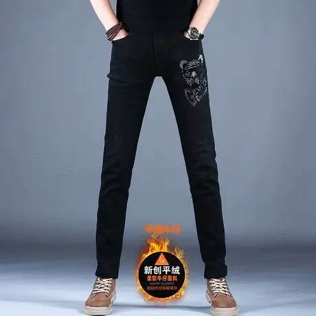 2023男士新款百搭牛仔裤子黑色时尚烫钻薄绒欧洲小脚裤百搭男潮牌商品大图