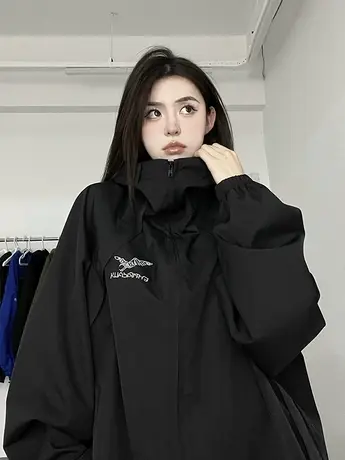 黑色冲锋衣外套男春秋2023新款美式复古oversize高街休闲工装夹克商品大图