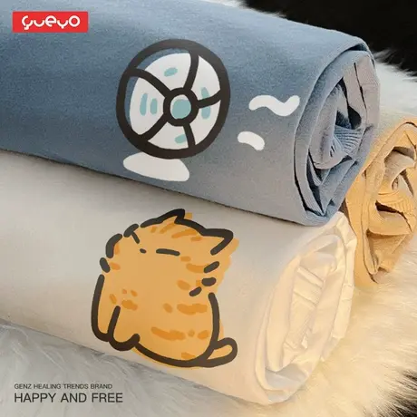 悦游 电扇吹风橘猫 原创情侣T恤夏季ins日系情侣装短袖卡通半袖商品大图