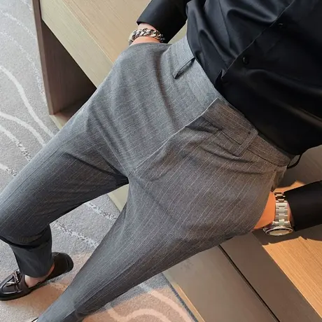 男士商务休闲西装裤修身韩版直筒男裤子潮流痞帅双条纹垂坠感长裤商品大图