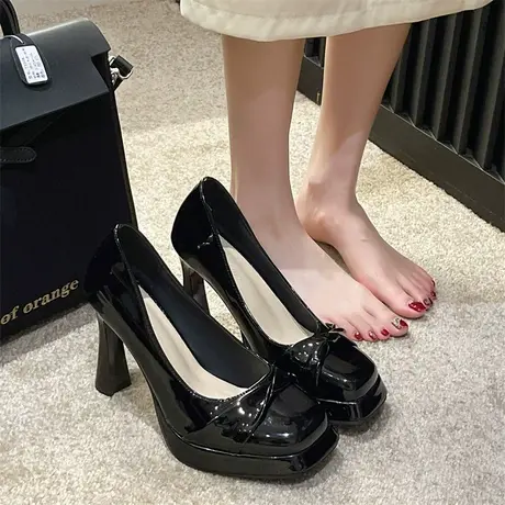 法式玛丽珍高跟鞋女款夏季2023年新款浅口懒人一脚蹬蝴蝶结小皮鞋商品大图