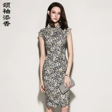 颈袖添香春夏高端杏色绣花包臀修身商务宴会礼服职业正装OL连衣裙图片