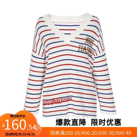 【艾格】2023春秋新款女装条纹V领破洞字母刺绣韩版休闲针织衫图片