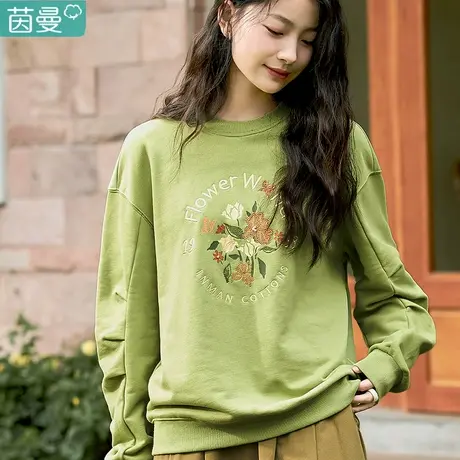 茵曼薄款圆领卫衣长袖上衣女2023新款小个子无帽外套春秋冬季刺绣图片