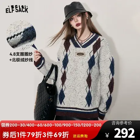 妖精的口袋v领宽松套头毛衣女2023冬季新款学院风设计感长袖上衣图片
